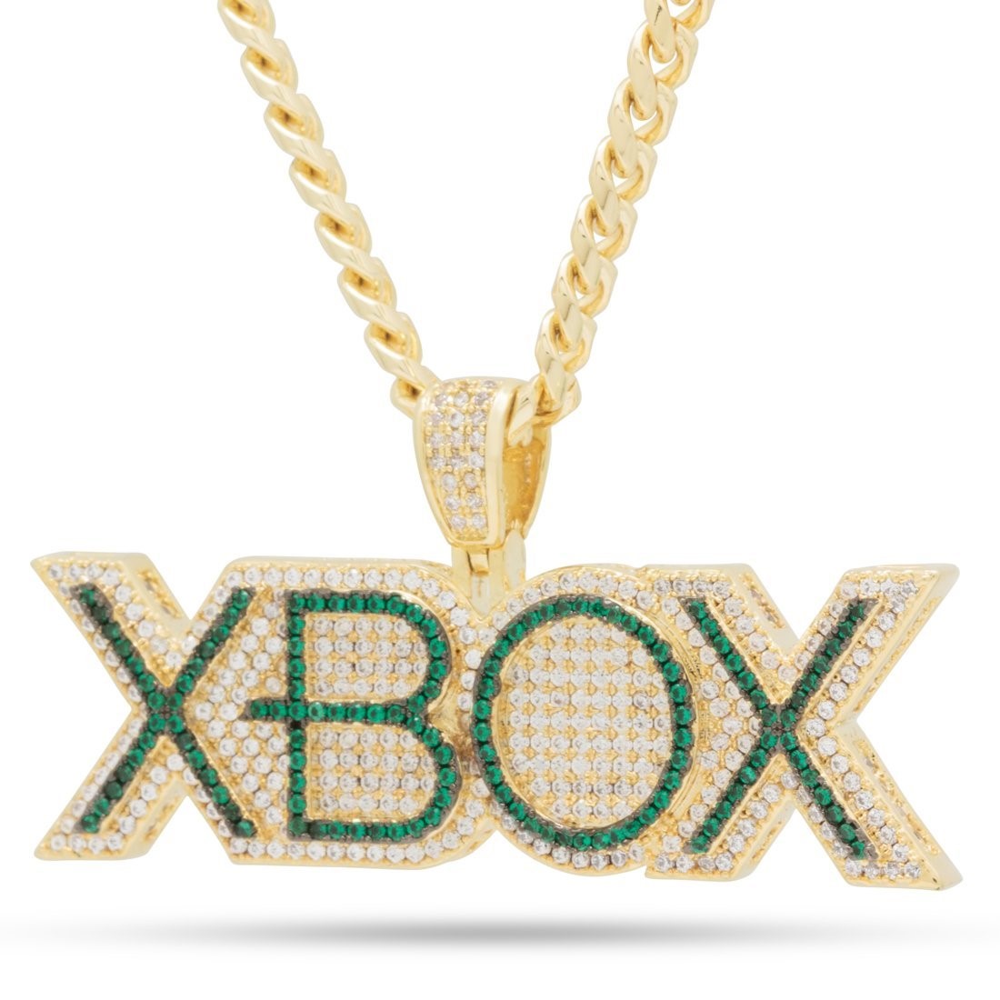 King Ice x Xbox 14k Gold Plated Emerald Xbox Logo Necklace NKX14311