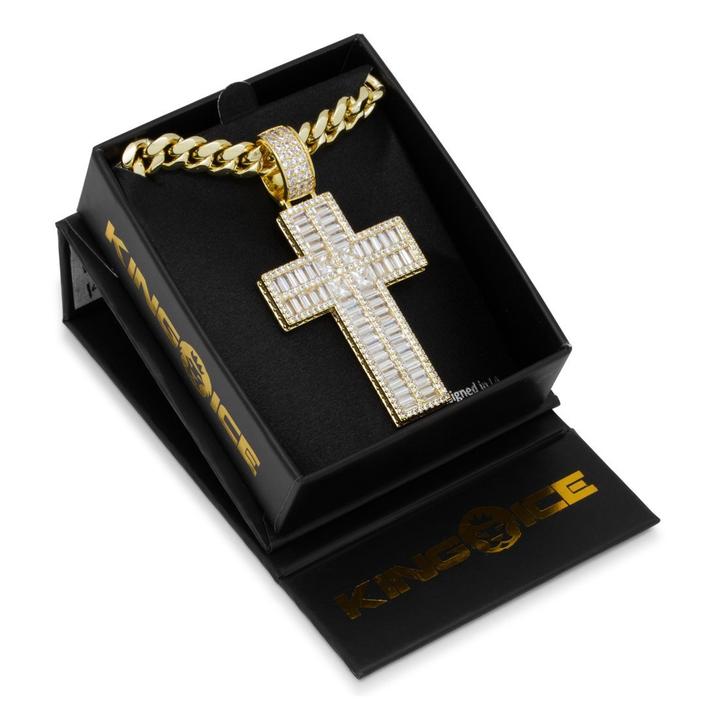 King Ice 14k Gold Plated Baguette Cut Cross Necklace NKX14255