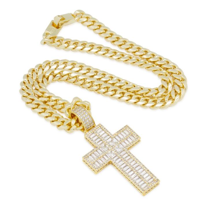 King Ice 14k Gold Plated Baguette Cut Cross Necklace NKX14255
