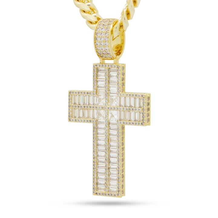 King Ice 14k Gold Plated Baguette Cut Cross Necklace NKX14255