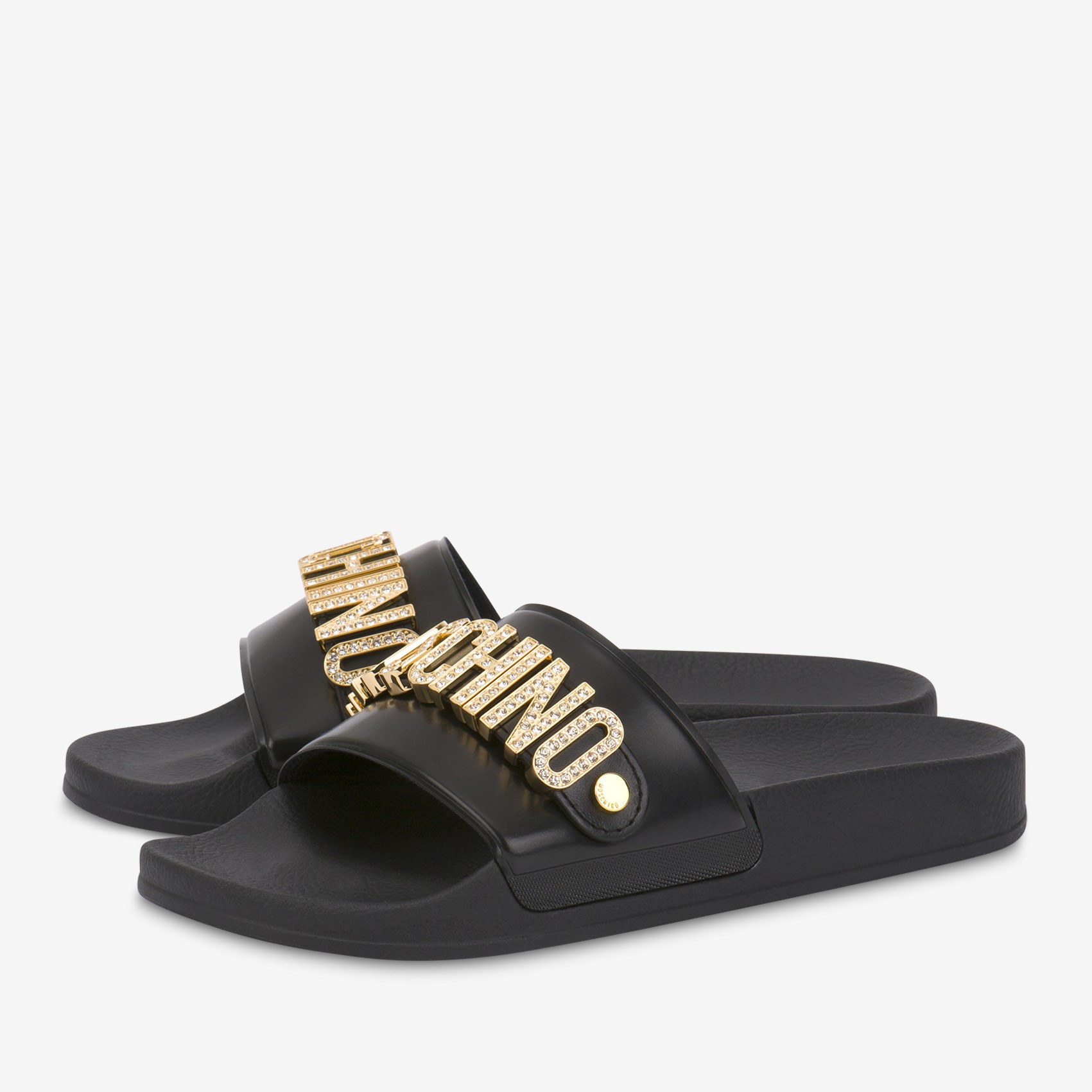 black and gold moschino slides