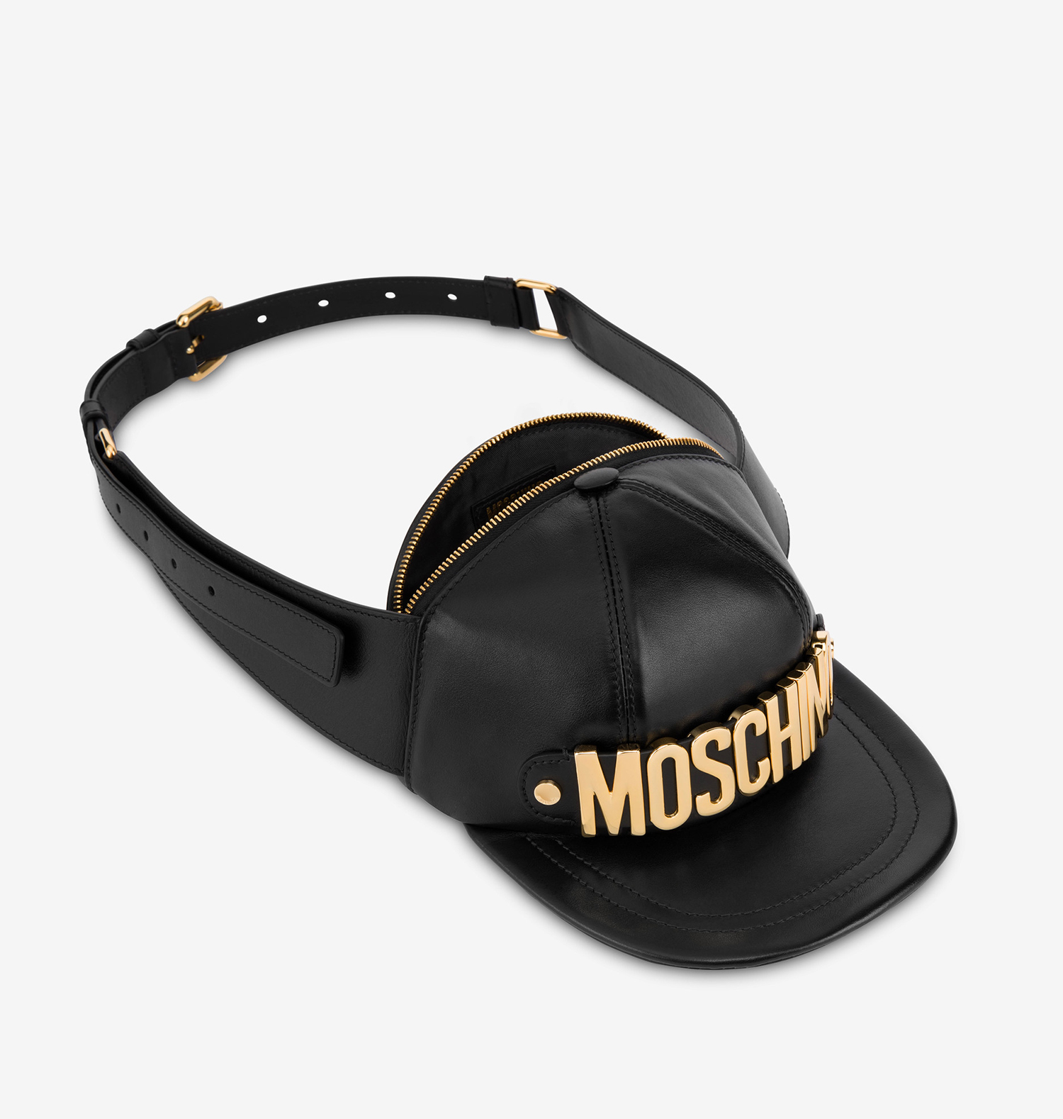 MOSCHINO Leather Cap Shoulder Bag Gold Logo