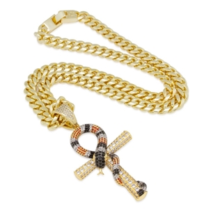 King Ice 14k Gold Plated Snake Ankh Necklace NKX14270