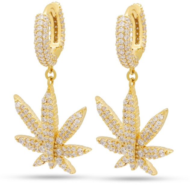 King Ice 14k Gold Plated Cannabis Gold Leaf Earrings ERX15024