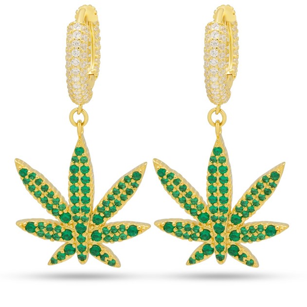 King Ice 14k Gold Plated Emerald Cannabis Lead Earrings ERX15025