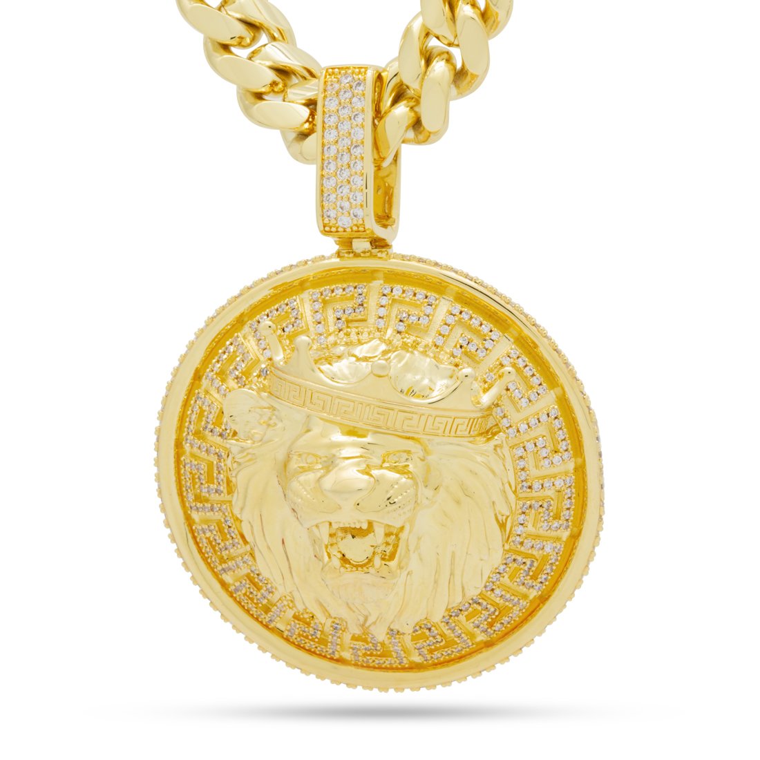 King Ice 14k Gold Plated Lion Shield Necklace NKX14257