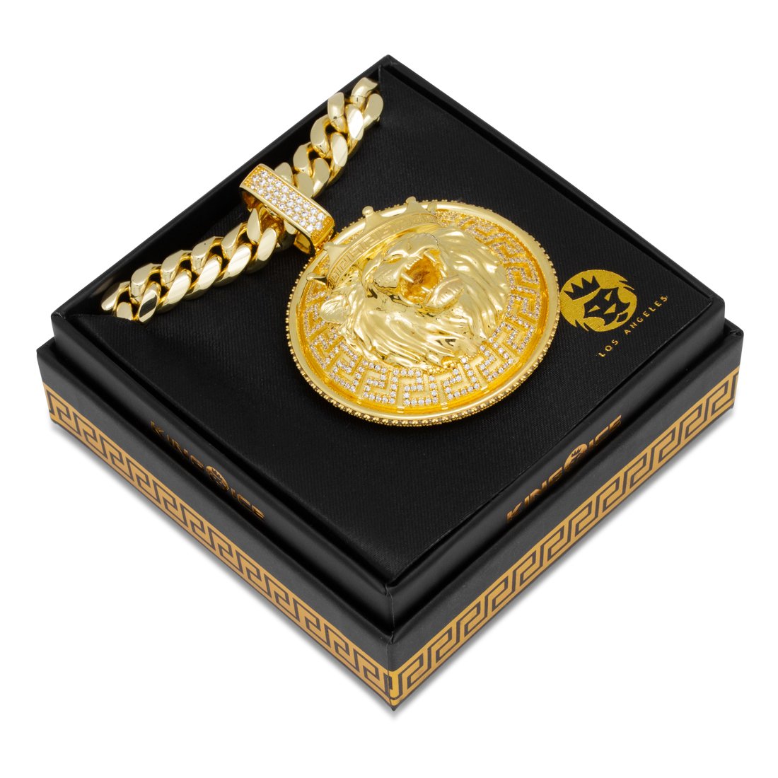 King Ice 14k Gold Plated Lion Shield Necklace NKX14257