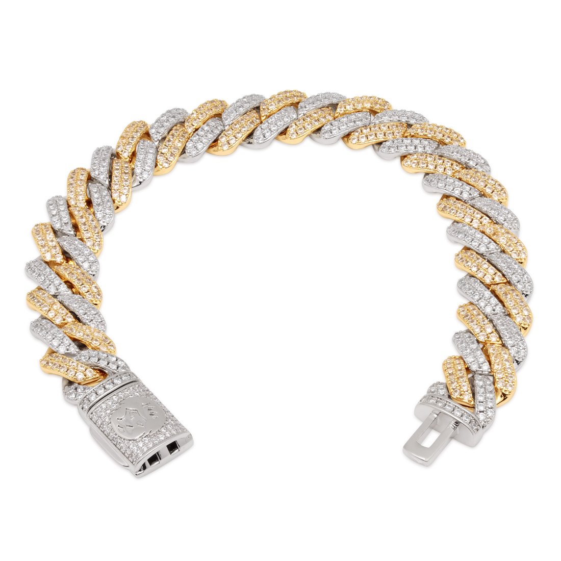 King Ice Yellow & White Gold Plated 12mm Iced Diamond Cut Miami Cuban Bracelet BRX14106 7"