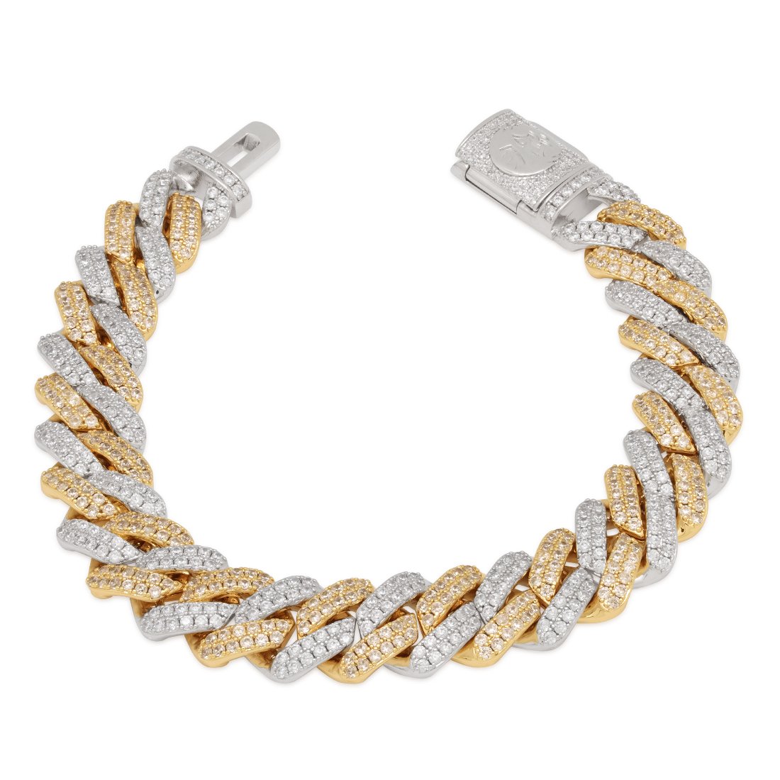 King Ice Yellow & White Gold Plated 12mm Iced Diamond Cut Miami Cuban Bracelet BRX14106 7"