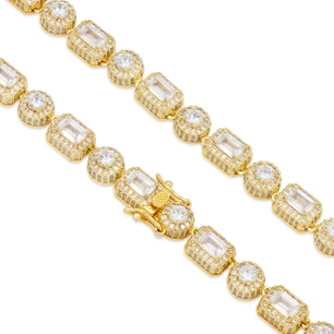 King Ice 14k Gold Plated 8mm Brilliant & Emerald Cut Clustered Tennis Chain Necklace CHX14047 20"