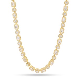 King Ice 14k Gold Plated 8mm Brilliant & Emerald Cut Clustered Tennis Chain Necklace CHX14047 20"