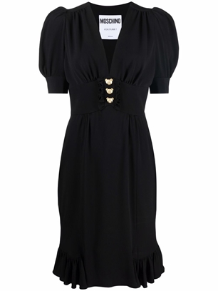 MOSCHINO Silk Cocktail Dress Bear Buttons Black