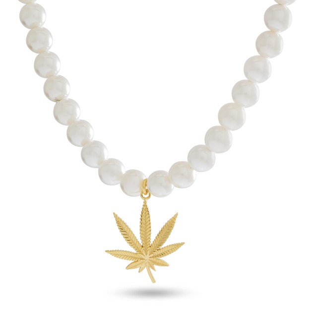 King Ice 14k Gold Plated Cannabis Leaf Pearl Necklace NKX14391