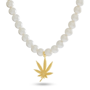 King Ice 14k Gold Plated Cannabis Leaf Pearl Necklace NKX14391
