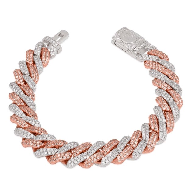 King Ice White & Rose Gold Plated Two Tone 12mm Iced Diamond Cut Miami Cuban Bracelet BRX14106 7"