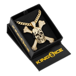 King Ice 14k Gold Plated Skull and Crossbones Necklace NKX14342