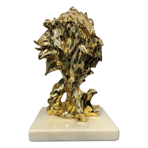 24k Gold Plated Lion Head Fior Di Pesco Marble Base 31cm