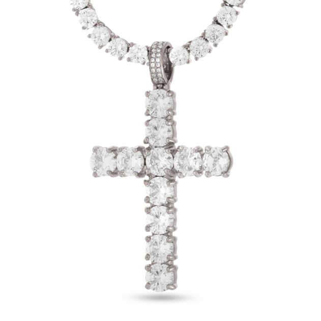 King Ice White Gold Plated Tennis Cross Necklace NKX12339