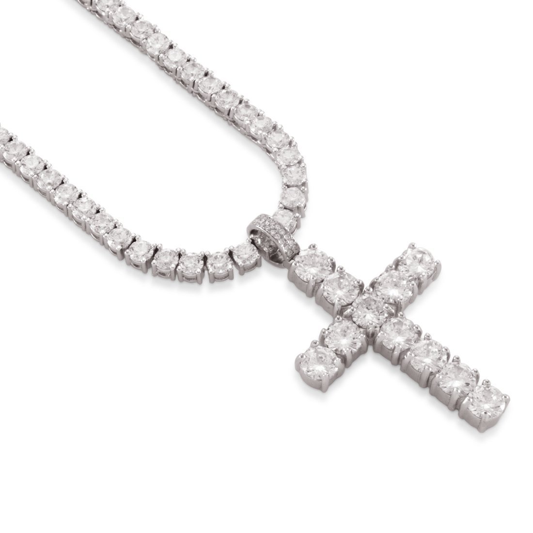 King Ice White Gold Plated Tennis Cross Necklace NKX12339