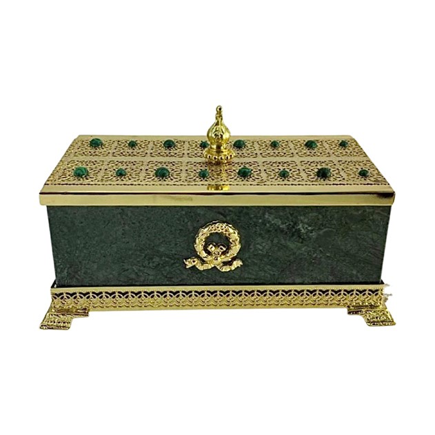 24K Gold Plated Brass Jewellery Box Green Marble & Malachite Stones 067