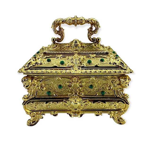 24K Gold Plated Brass Jewellery Box W/ Malachite Stones & Key 066