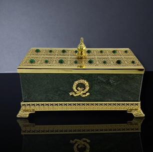 24K Gold Plated Brass Jewellery Box Green Marble & Malachite Stones 067