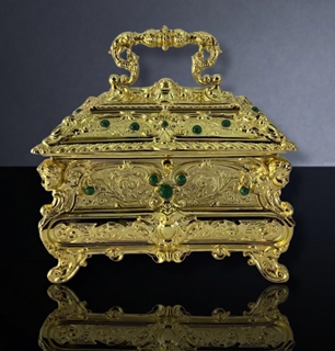 24K Gold Plated Brass Jewellery Box W/ Malachite Stones & Key 066