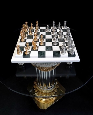 Brunel Double White & Green Marble Chess Set Silver & 24k Gold Plated