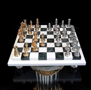 Brunel Double White & Green Marble Chess Set Silver & 24k Gold Plated