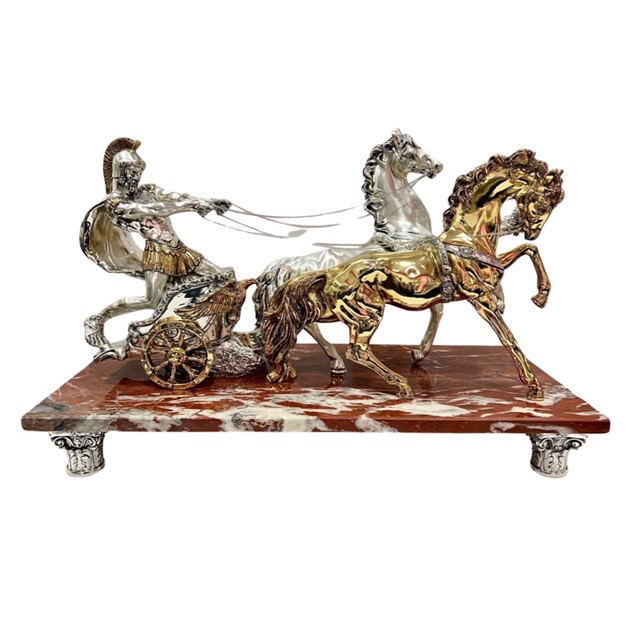 Masterpiece Roman Carriage 2 Horses Gold & Silver Plated French Red Marble 66cm