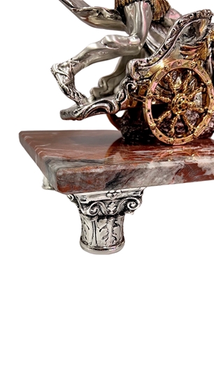 Masterpiece Roman Carriage 2 Horses Gold & Silver Plated French Red Marble 66cm
