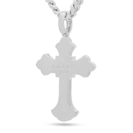 King Ice White Gold Plated Fleur de Lis Cross 2" Necklace NKX14293