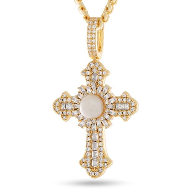 King Ice 14k Gold Plated Pearl of Wisdom Cross Necklace NKX14484