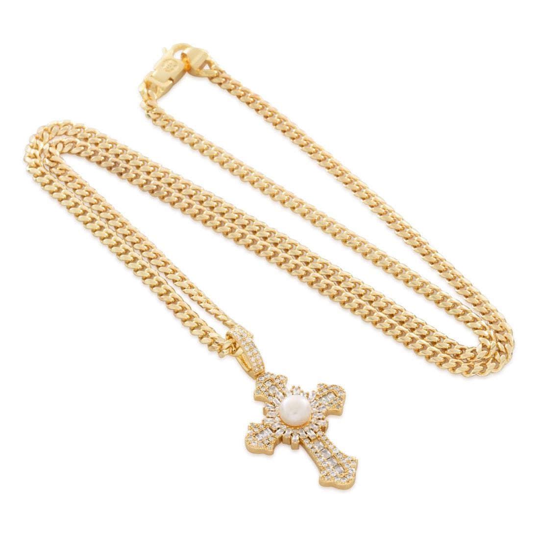 King Ice 14k Gold Plated Pearl of Wisdom Cross Necklace NKX14484