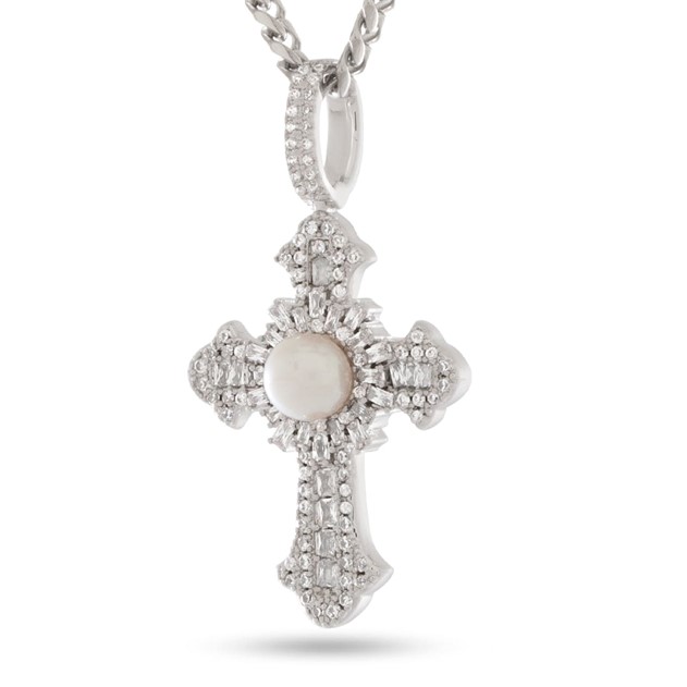 King Ice White Gold Plated Pearl of Wisdom Cross Necklace NKX14484