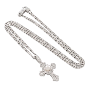 King Ice White Gold Plated Pearl of Wisdom Cross Necklace NKX14484