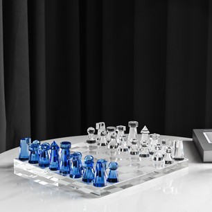 Crystal Glass Chess Set Blue/Clear 37x37 cm