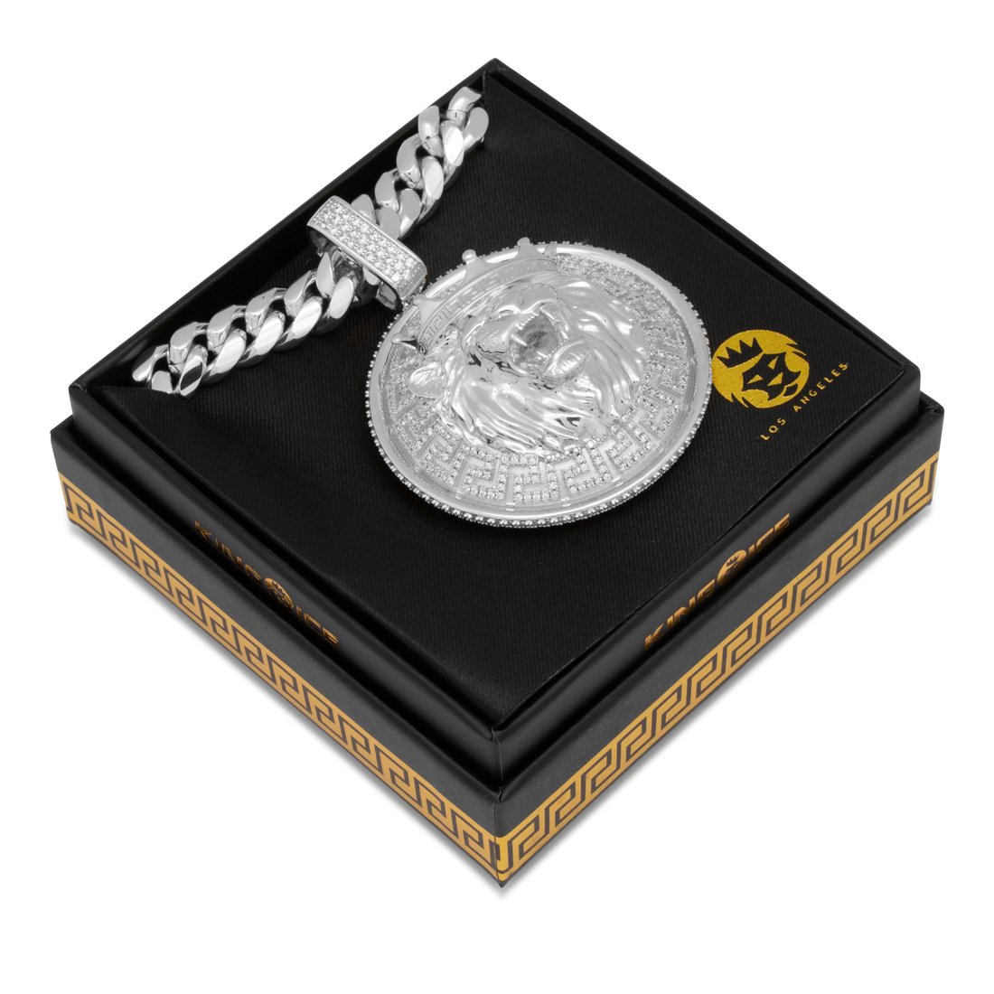 King Ice White Gold Plated Lion Shield Necklace NKX14257