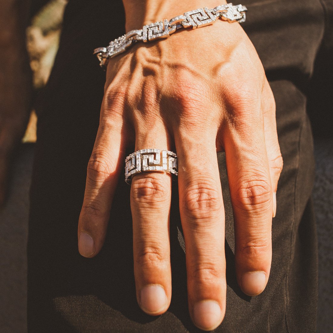 King Ice White Gold Plated Iced Greek Key Ring RGX14242