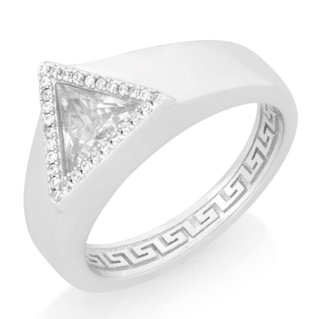 King Ice White Gold Plated Trillion Cut Signet Ring RGX14246