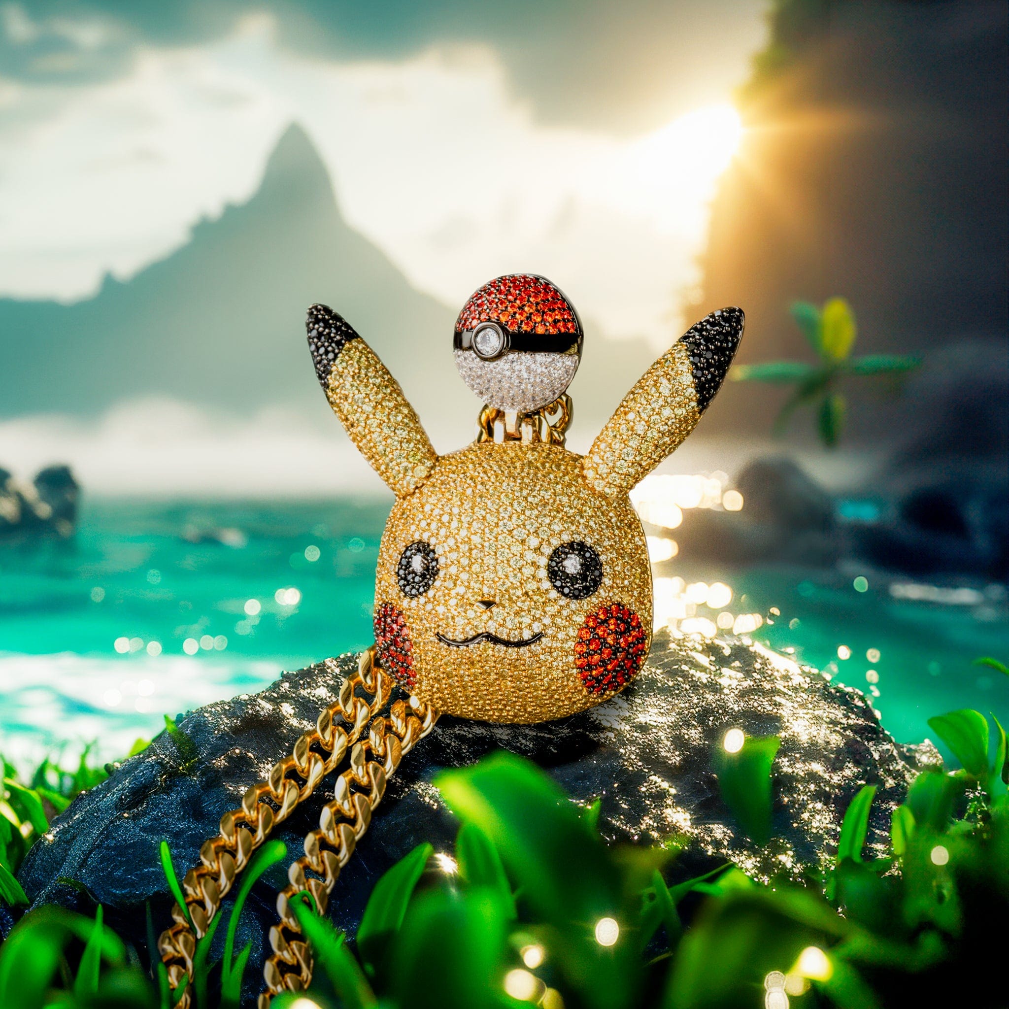 King Ice 14k Gold Plated Pokémon Pikachu Necklace NKX14500