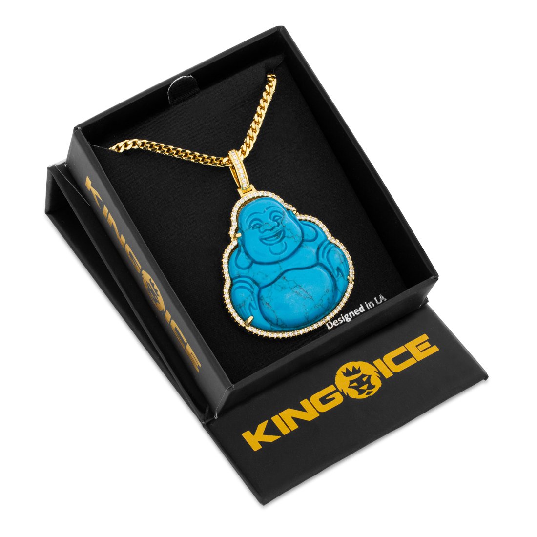 King Ice 14k Gold Plated Turquoise Buddha Necklace NKX12669