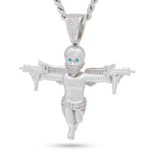 King Ice White Gold Plated Dual Uzi Angel Necklace NKX14167