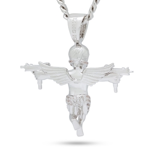 King Ice White Gold Plated Dual Uzi Angel Necklace NKX14167