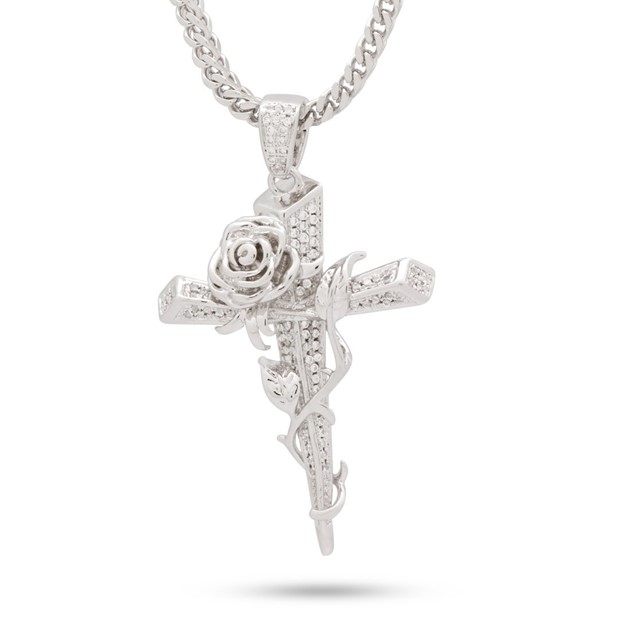 King Ice White Gold Plated Rose Thorned Cross Necklace NKX14071