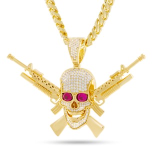 King Ice 14k Gold Plated M16 Jolly Roger Necklace NKX14286 XL