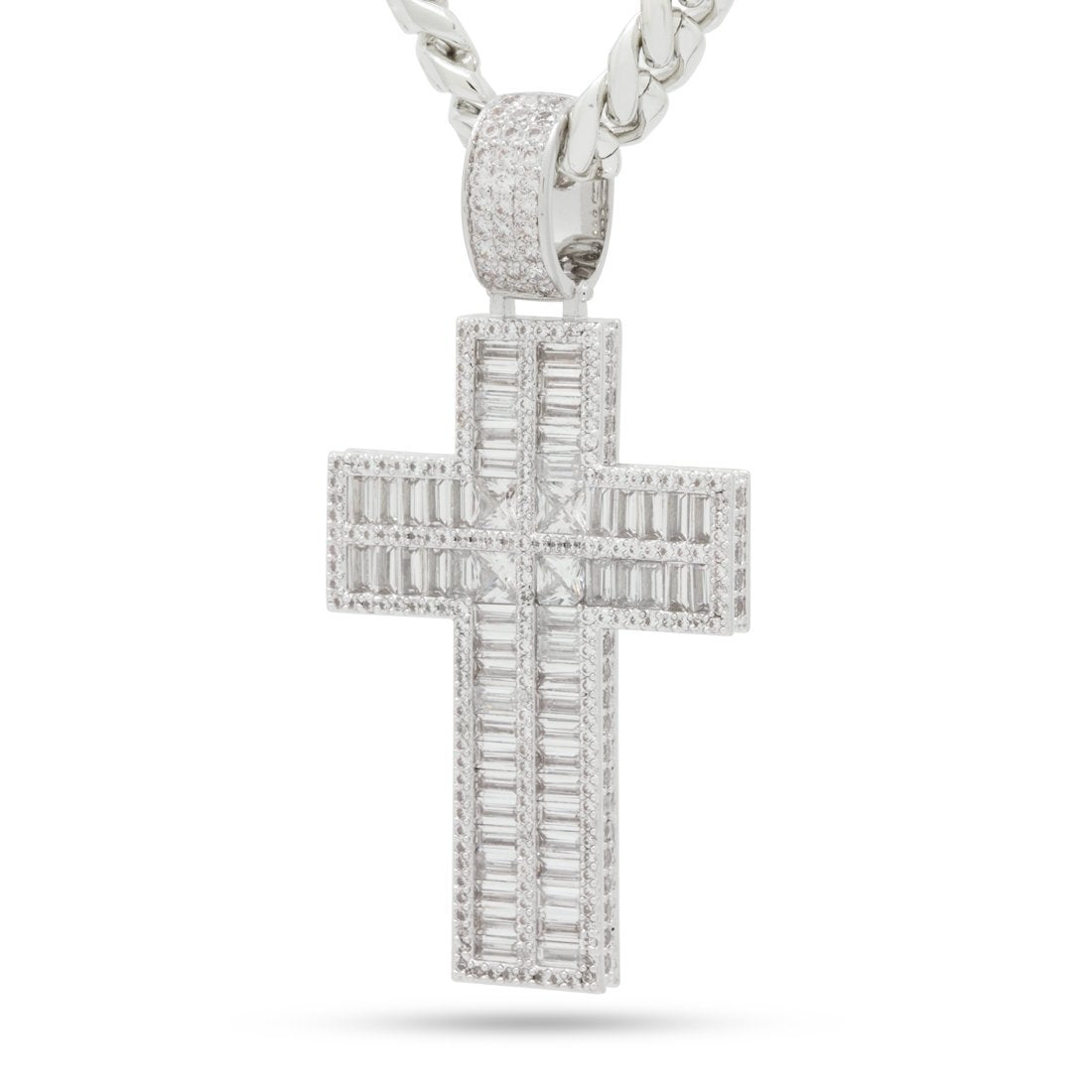 King Ice White Gold Plated Baguette Cut Cross Necklace NKX14255