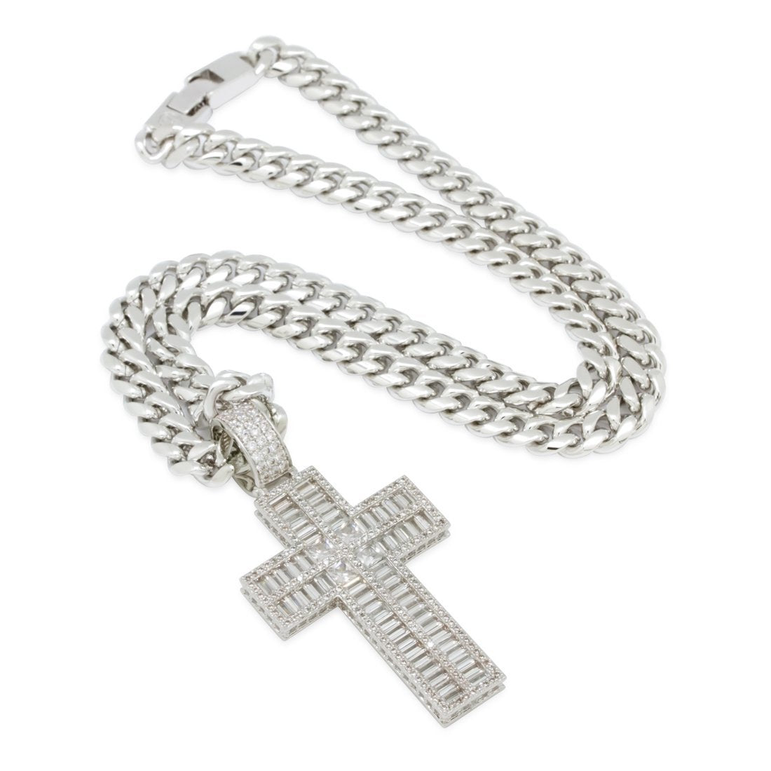 King Ice White Gold Plated Baguette Cut Cross Necklace NKX14255