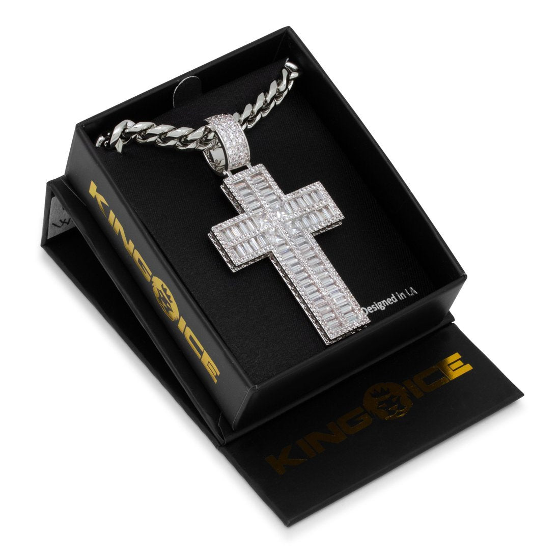 King Ice White Gold Plated Baguette Cut Cross Necklace NKX14255