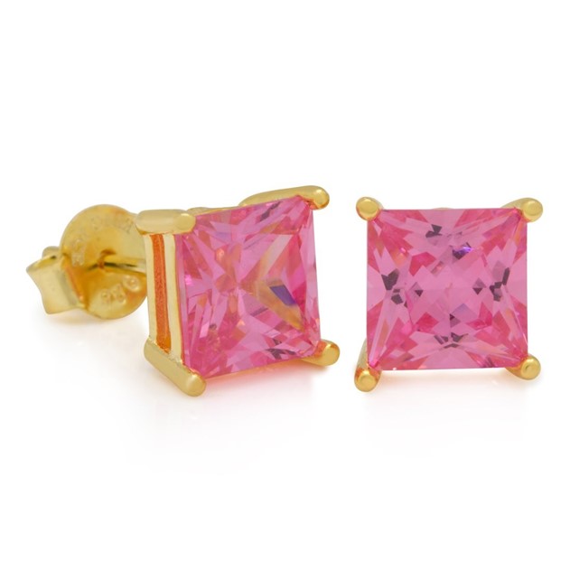 King Ice 14k Gold Plated Pink 6mm Princess Cut Earrings ERX09296